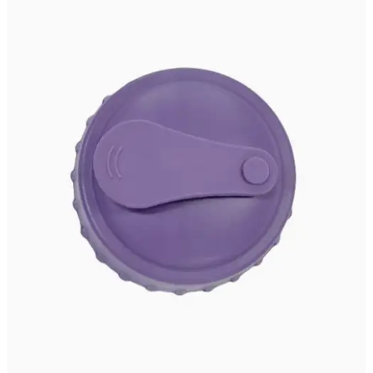 Purple silicone bottle cap with a flip-top lid.