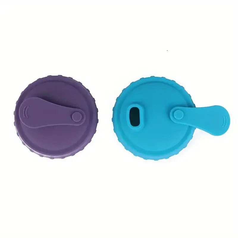 Purple and blue silicone bottle caps with integrated handles.