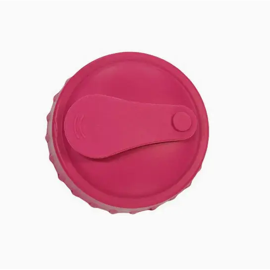 Pink silicone lid with a flip-top handle and ridged edge.