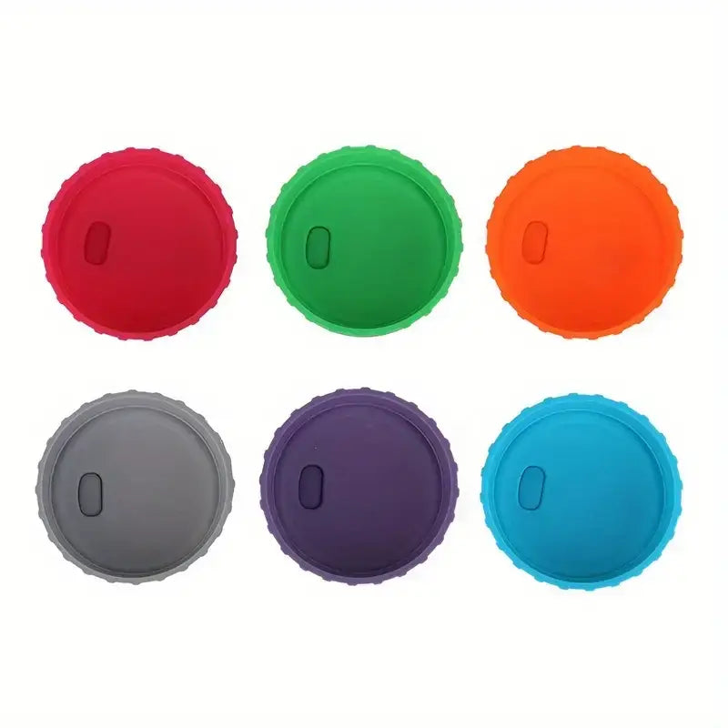 Six silicone bottle caps in vibrant red, green, orange, gray, purple, and blue.