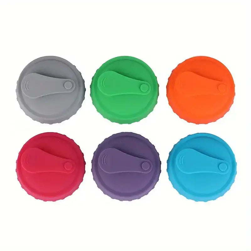 Six colorful silicone lid caps in gray, green, orange, red, purple, and blue.