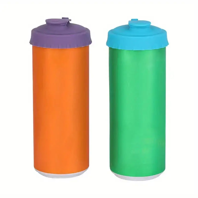 Two colorful plastic water bottles, one with an orange body and purple lid, the other with a green body and blue lid.