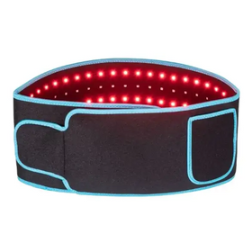 Black led therapy belt with red lights and light blue trim.
