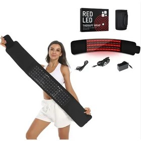 Black red led therapy wrap with red light-emitting diodes embedded in a flexible, elastic band.
