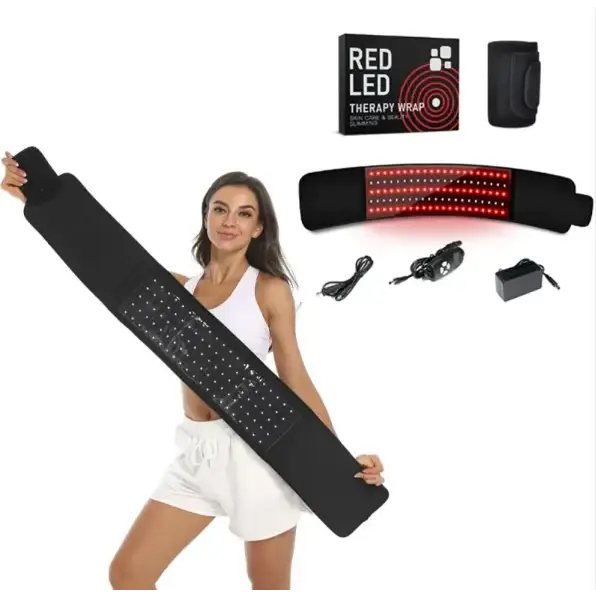Black red led therapy wrap with red light-emitting diodes embedded in a flexible, elastic band.