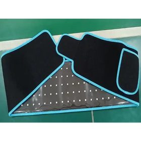 Black and light blue elastic waist support belt with a transparent panel featuring white dot patterns.