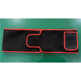 Black fabric waist trainer with red stitched trim and two rectangular cutouts.