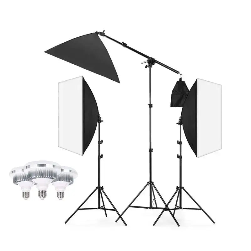 Black metal photography lighting kit with two white softbox panels, one black octagonal diffuser panel on a boom arm, and four led bulbs.