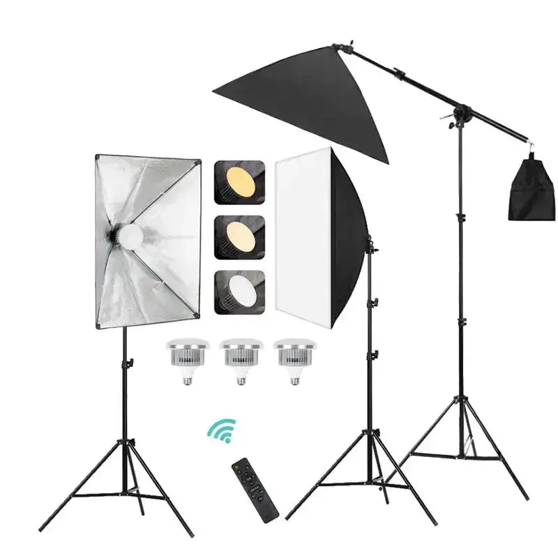 Black metal photography lighting kit with silver and white reflectors, three led bulbs, a remote control, and softbox diffusers.