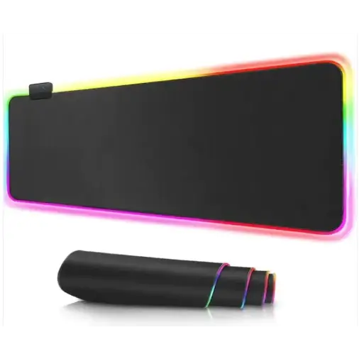Black rectangular rgb gaming mousepad with colorful illuminated edge and matching rolled-up carrying case.