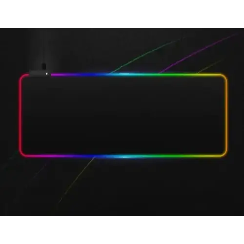 A sleek black rectangular gaming mousepad with a vibrant rainbow led light border.
