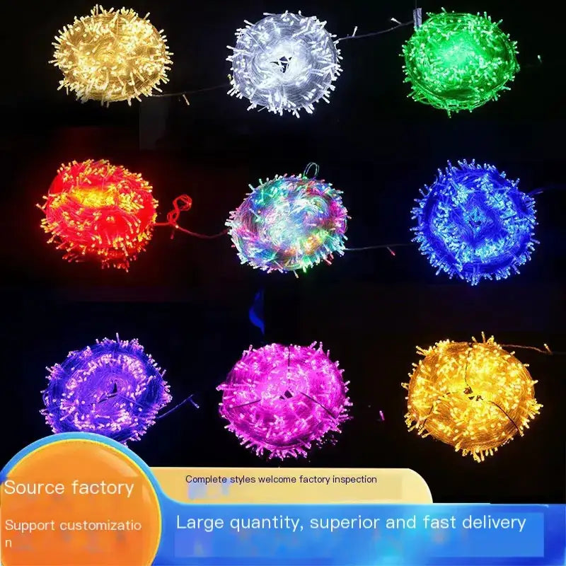 Colorful spherical led light strings in gold, white, green, red, multicolor, blue, purple, and pink.