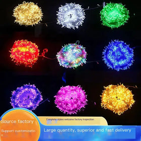 Colorful spherical led light strings in gold, white, green, red, multicolor, blue, purple, and pink.