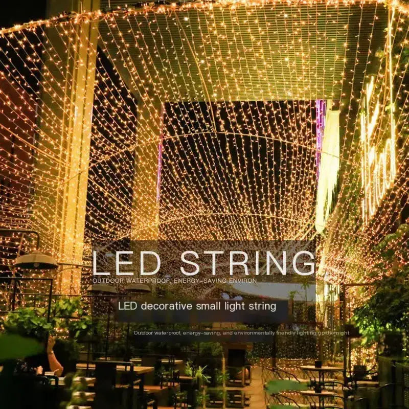 Golden led string lights, designed for outdoor use with a waterproof and energy-saving build.