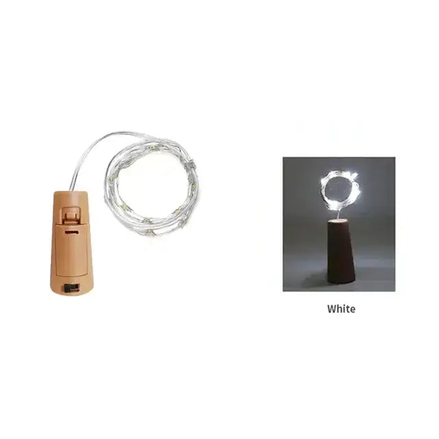 A beige battery-operated led wine cork light with a coiled wire and small lights, shown alongside its illuminated white version.