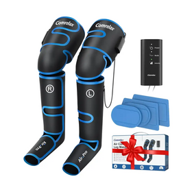 Black and blue comrelax air pro air compression leg massagers with matching control unit and pads.
