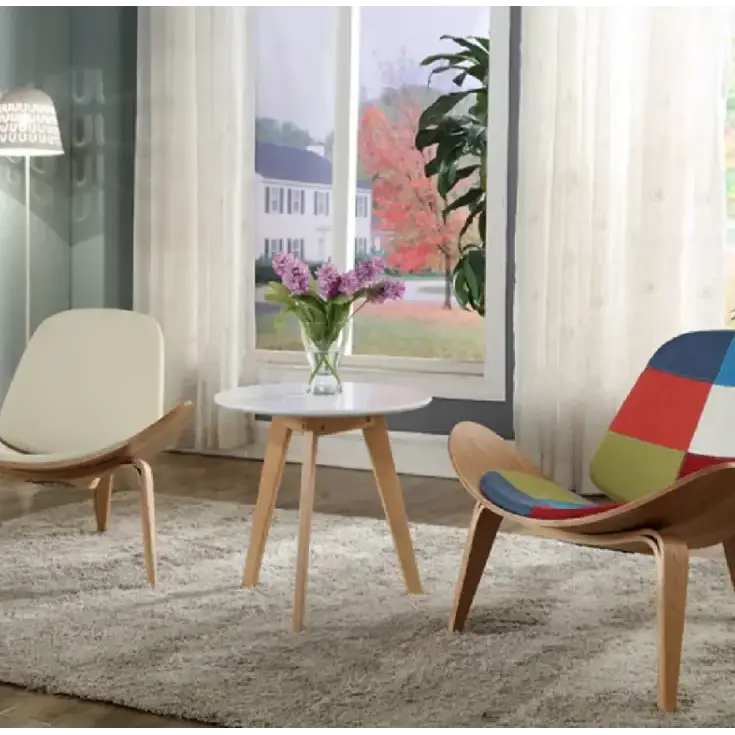 Colorful patchwork upholstered chair with wooden frame