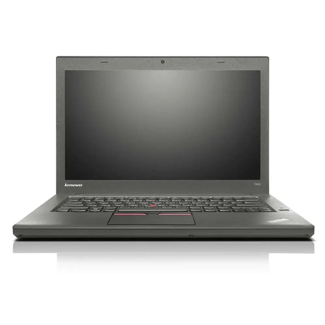 Black lenovo thinkpad t450 laptop with a matte finish and red trackpoint.