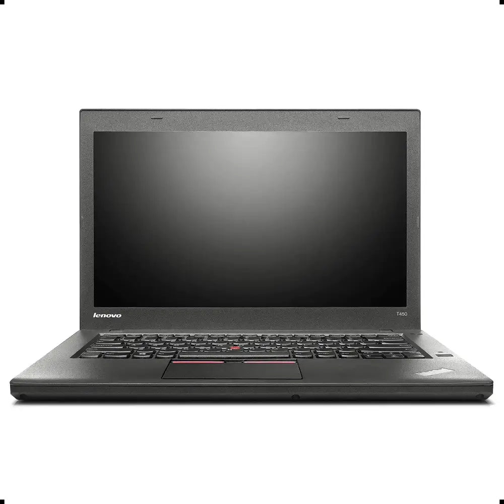 Black lenovo thinkpad t450 laptop with a matte finish and red trackpoint.