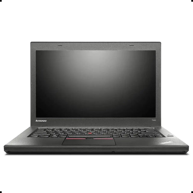 Black lenovo thinkpad t450 laptop with a matte finish and red trackpoint.