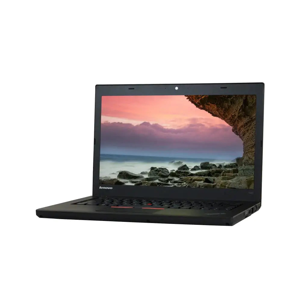 Black lenovo thinkpad laptop with a sleek, minimalist design and red trackpoint nub.
