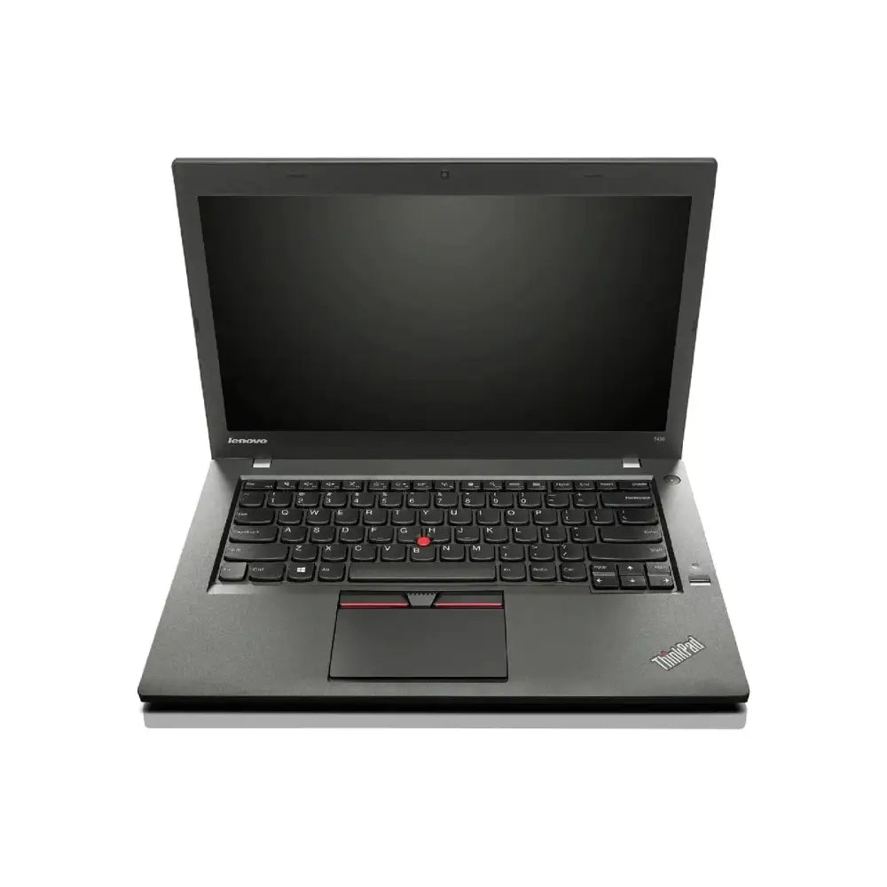 Black lenovo thinkpad laptop with a red trackpoint and silver accents.