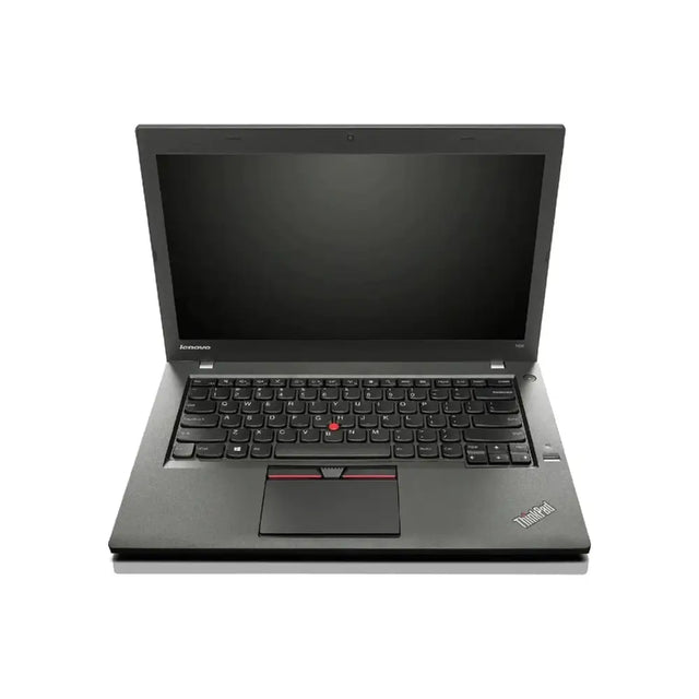 Black lenovo thinkpad laptop with a red trackpoint and silver accents.