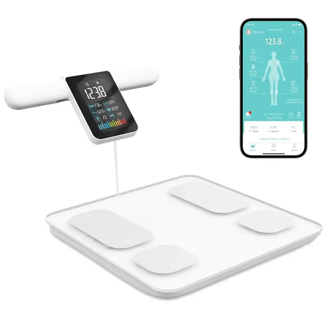White smart scale with digital display and connected app interface.