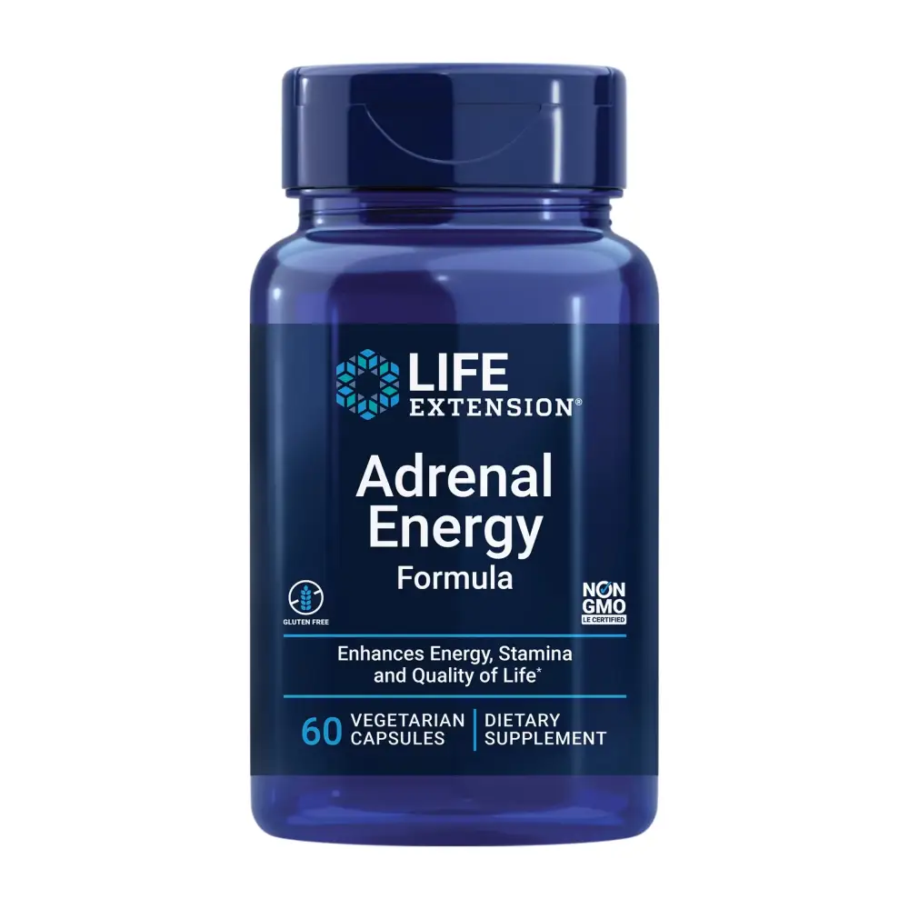 Life Extension Adrenal Energy Formula Help inhibit The Effects of Stress holy Basil cordyceps bacopa and ashwagandha Gluten Free Non-GMO Vegetarian 60 Capsules