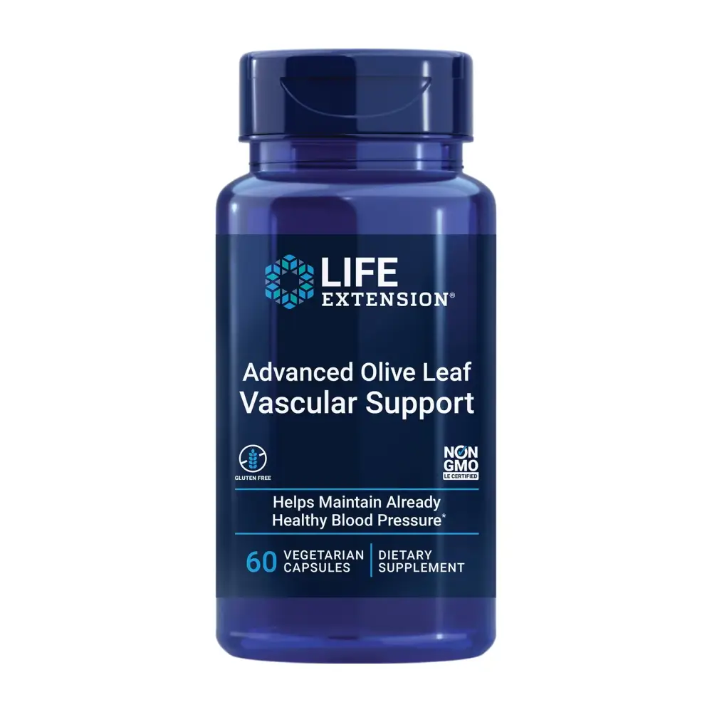 Deep blue plastic bottle of life extension advanced olive leaf vascular support dietary supplement.