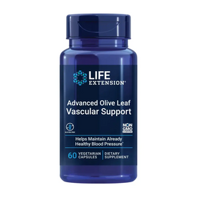Deep blue plastic bottle of life extension advanced olive leaf vascular support dietary supplement.
