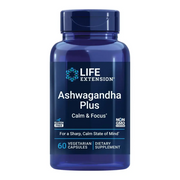 Deep blue plastic bottle of life extension ashwagandha plus dietary supplement with a matching cap.