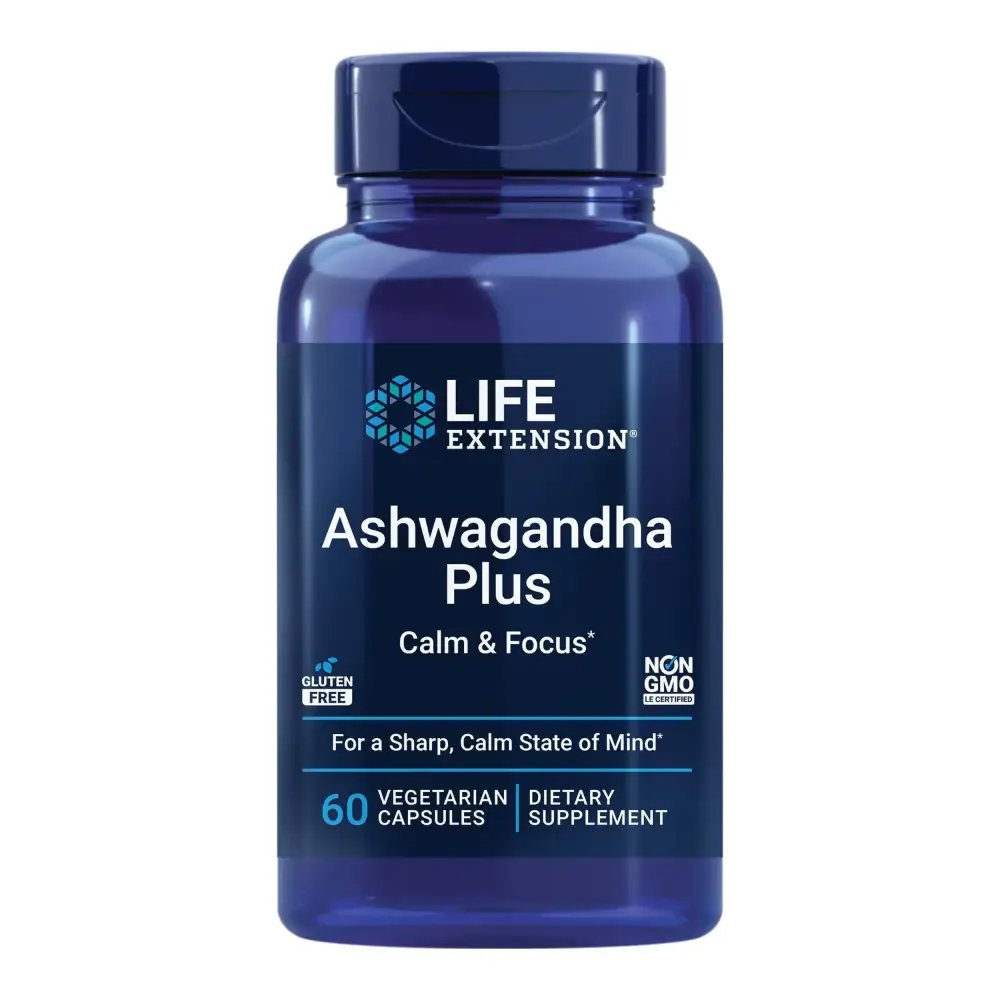Deep blue plastic bottle of life extension ashwagandha plus dietary supplement with a matching cap.