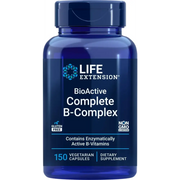 Deep blue plastic bottle of life extension bioactive complete b-complex dietary supplement with a matching cap.