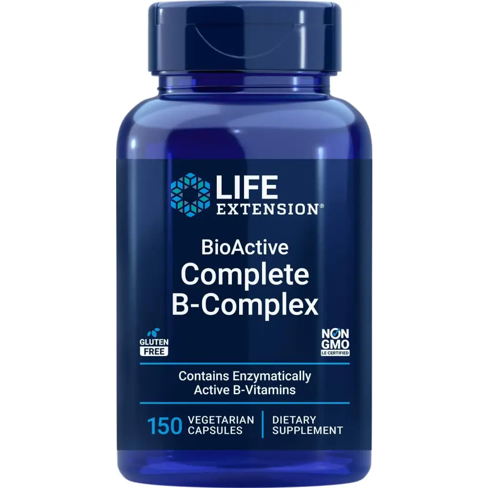 Deep blue plastic bottle of life extension bioactive complete b-complex dietary supplement with a matching cap.