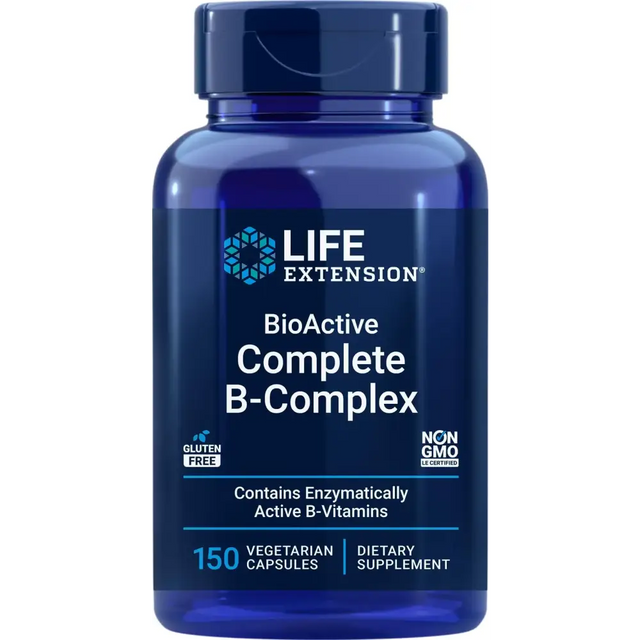 Deep blue plastic bottle of life extension bioactive complete b-complex dietary supplement with a matching cap.