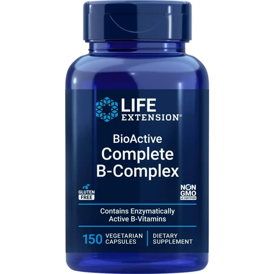 Deep blue plastic bottle of life extension bioactive complete b-complex dietary supplement with a matching cap.