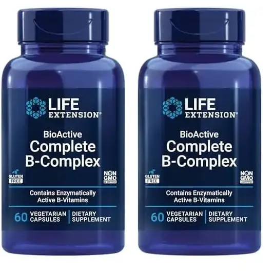 Two dark blue plastic bottles of life extension bioactive complete b-complex dietary supplement, each containing 60 vegetarian capsules.