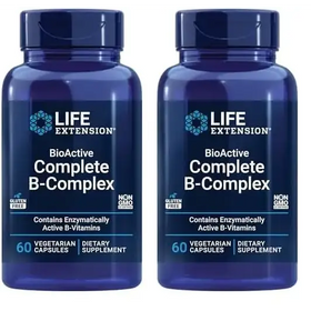 Two dark blue plastic bottles of life extension bioactive complete b-complex dietary supplement, each containing 60 vegetarian capsules.