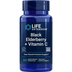Blue plastic bottle of life extension black elderberry + vitamin c dietary supplement with a dark blue cap and label detailing 60 vegetarian capsules.