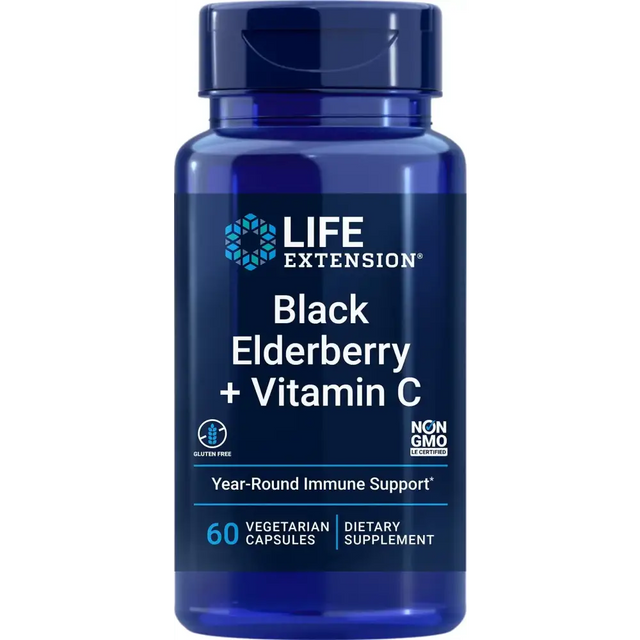 Blue plastic bottle of life extension black elderberry + vitamin c dietary supplement with a dark blue cap and label detailing 60 vegetarian capsules.