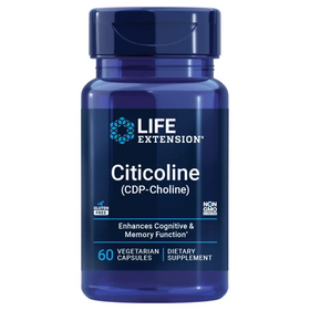 Deep blue plastic bottle of life extension citicoline (cdp-choline) dietary supplement with a matching cap.