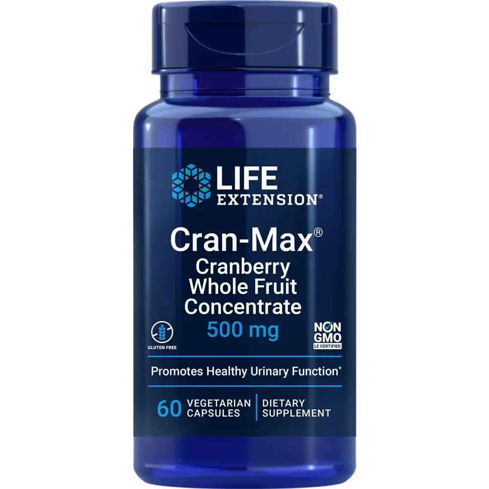 Life Extension Cran-Max® 500 mg Cranberry Whole Fruit Concentrate Promotes Urinary Tract Health with Powerful antioxidants Gluten-Free Vegetarian Non-GMO 60 Capsules