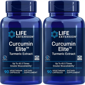 Two identical blue plastic bottles of life extension curcumin elite turmeric extract dietary supplement, each containing 90 vegetarian capsules.