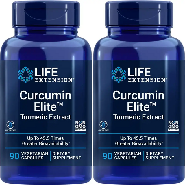 Two identical blue plastic bottles of life extension curcumin elite turmeric extract dietary supplement, each containing 90 vegetarian capsules.