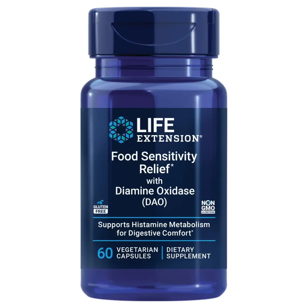 Life Extension Food Sensitivity Relief with Diamine Oxidase (DAO) Occasional Gas Digestive Comfort histamine Sensitivity DAO Enzyme Supplement Gluten Free Non-GMO Vegetarian 60 Capsules