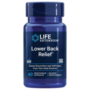 A dark blue, translucent plastic bottle with a matching cap and label featuring the life extension brand name for their lower back relief dietary supplement.