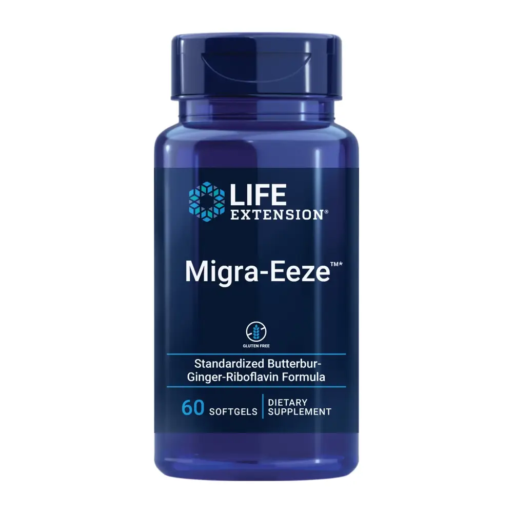 Life Extension Migra-Eeze - Butterbur Root Extract with Vitamin B2 (Riboflavin) & Ginger Supplement - Formula to Ease Head Discomfort - Gluten-Free , 60 Softgels