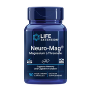 Deep blue plastic bottle of life extension neuro-mag magnesium l-threonate dietary supplement.