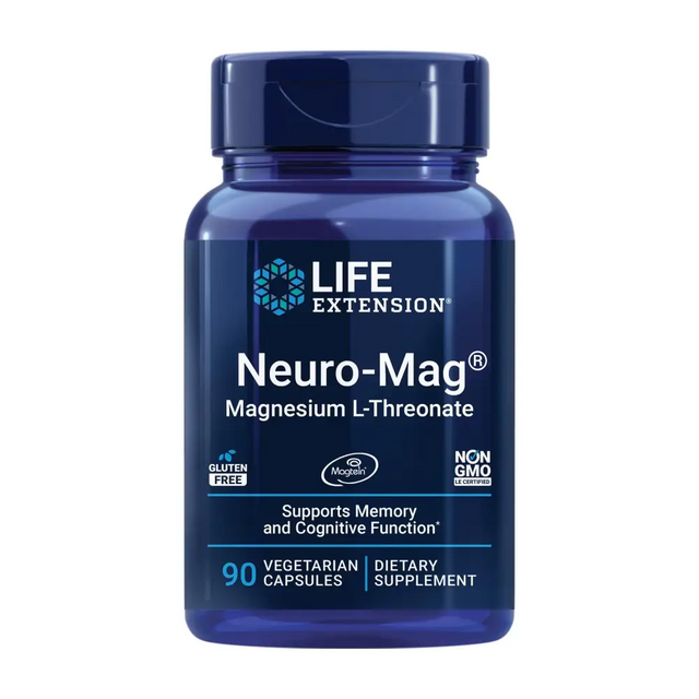 Deep blue plastic bottle of life extension neuro-mag magnesium l-threonate dietary supplement.